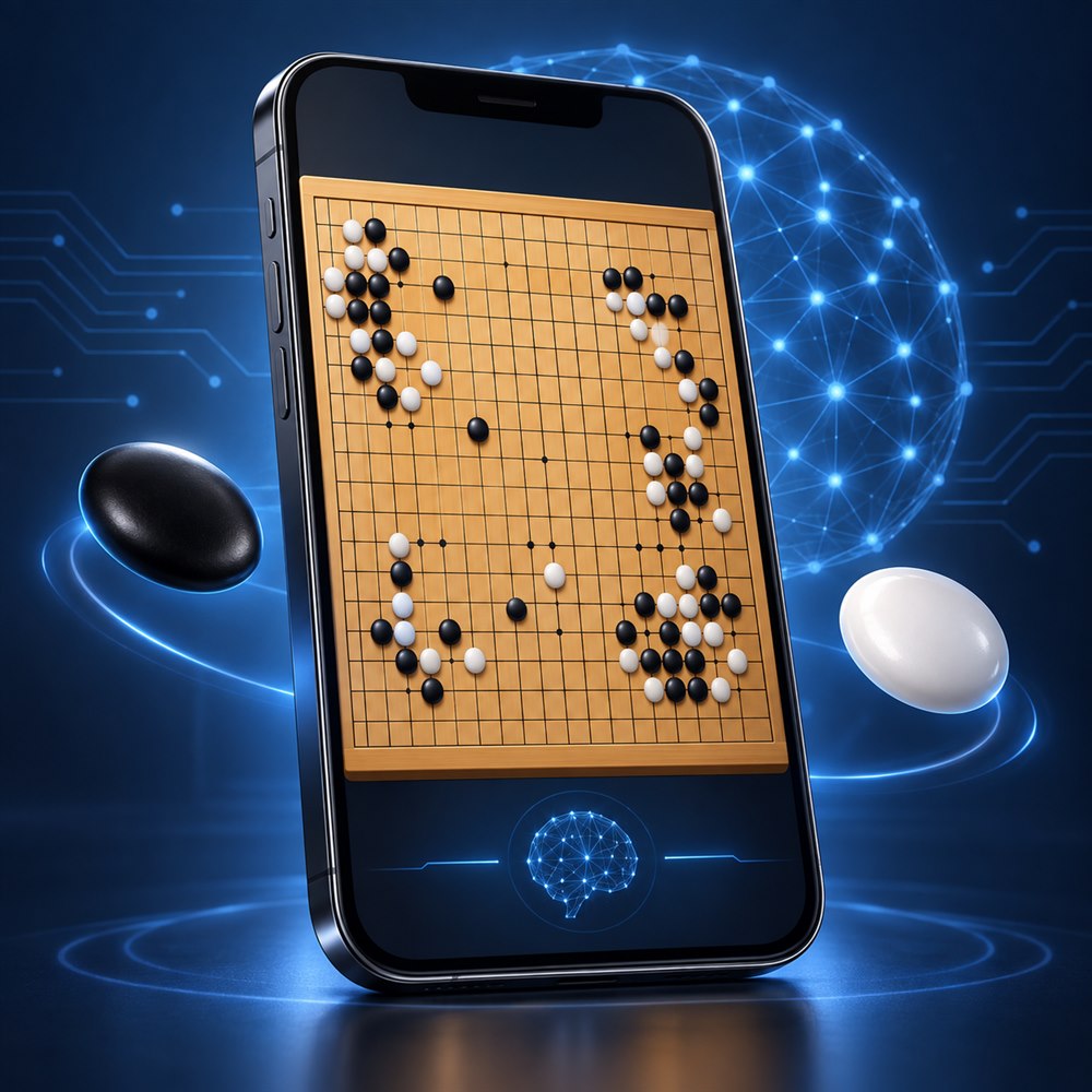 스마트폰 바둑판과 인공지능 네트워크를 표현한 Go Baduk Weiqi Pro 다운로드 안내 이미지