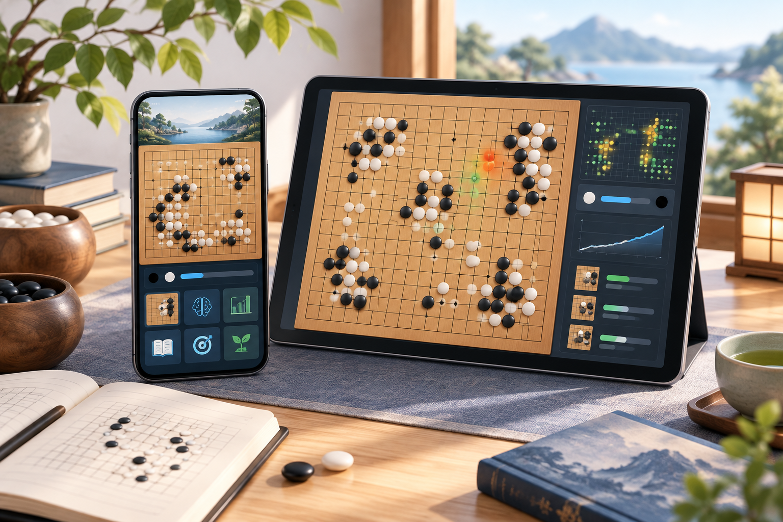 스마트폰과 태블릿의 19줄 바둑판에 사활 학습과 AI 수 분석을 표현한 PlayGo.gg 바둑 다운로드 안내 이미지