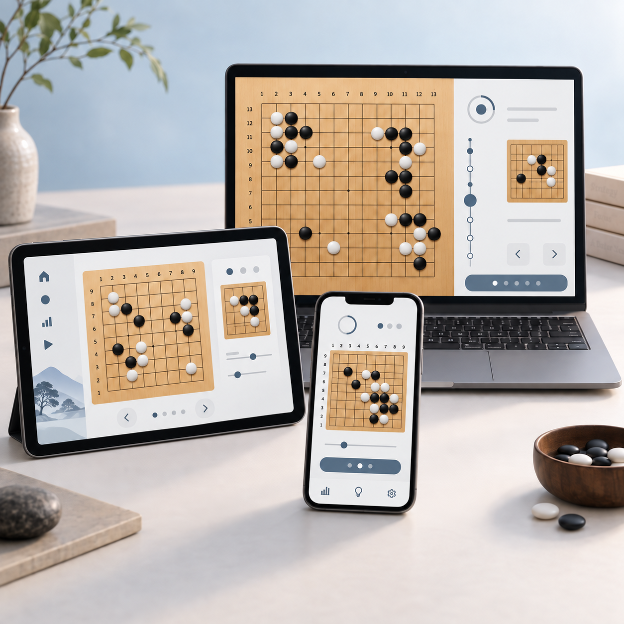스마트폰·태블릿·노트북 화면에 바둑판과 기보·문제 풀이 기능을 표현한 SmartGo One 다운로드 안내 이미지