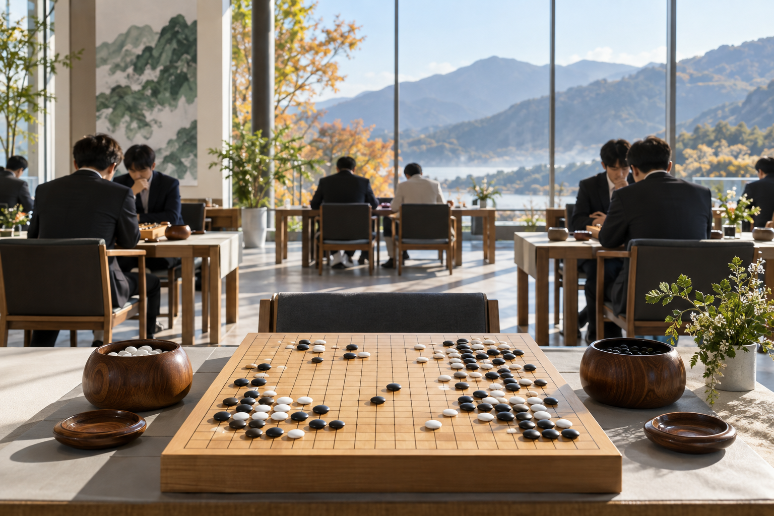 가을 산을 배경으로 국제 프로 바둑대회가 열리는 대국장 이미지